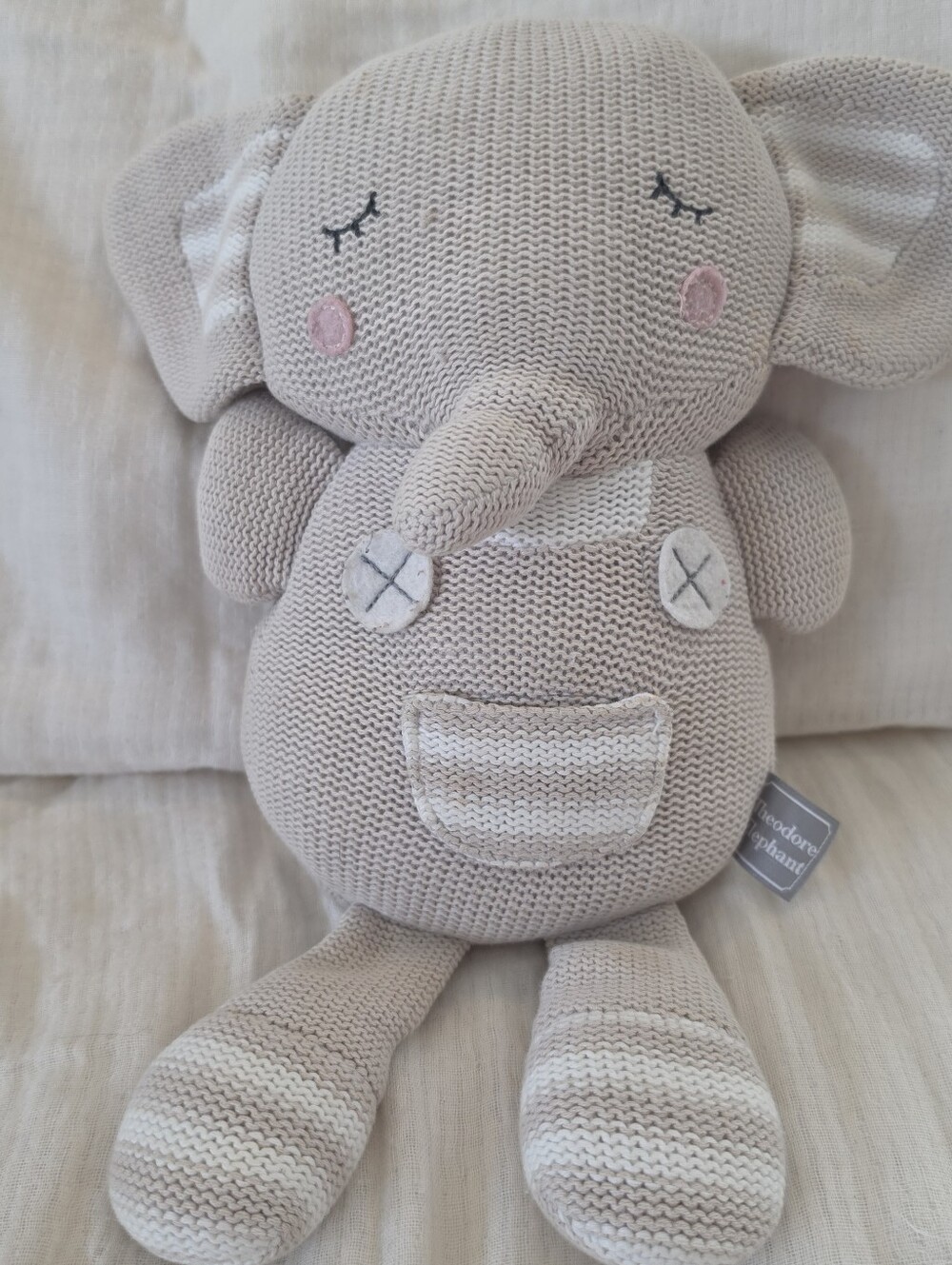 Living Textiles Theodore Elephant Knitted Stuffed Animal Plush Rattle Gray EUC